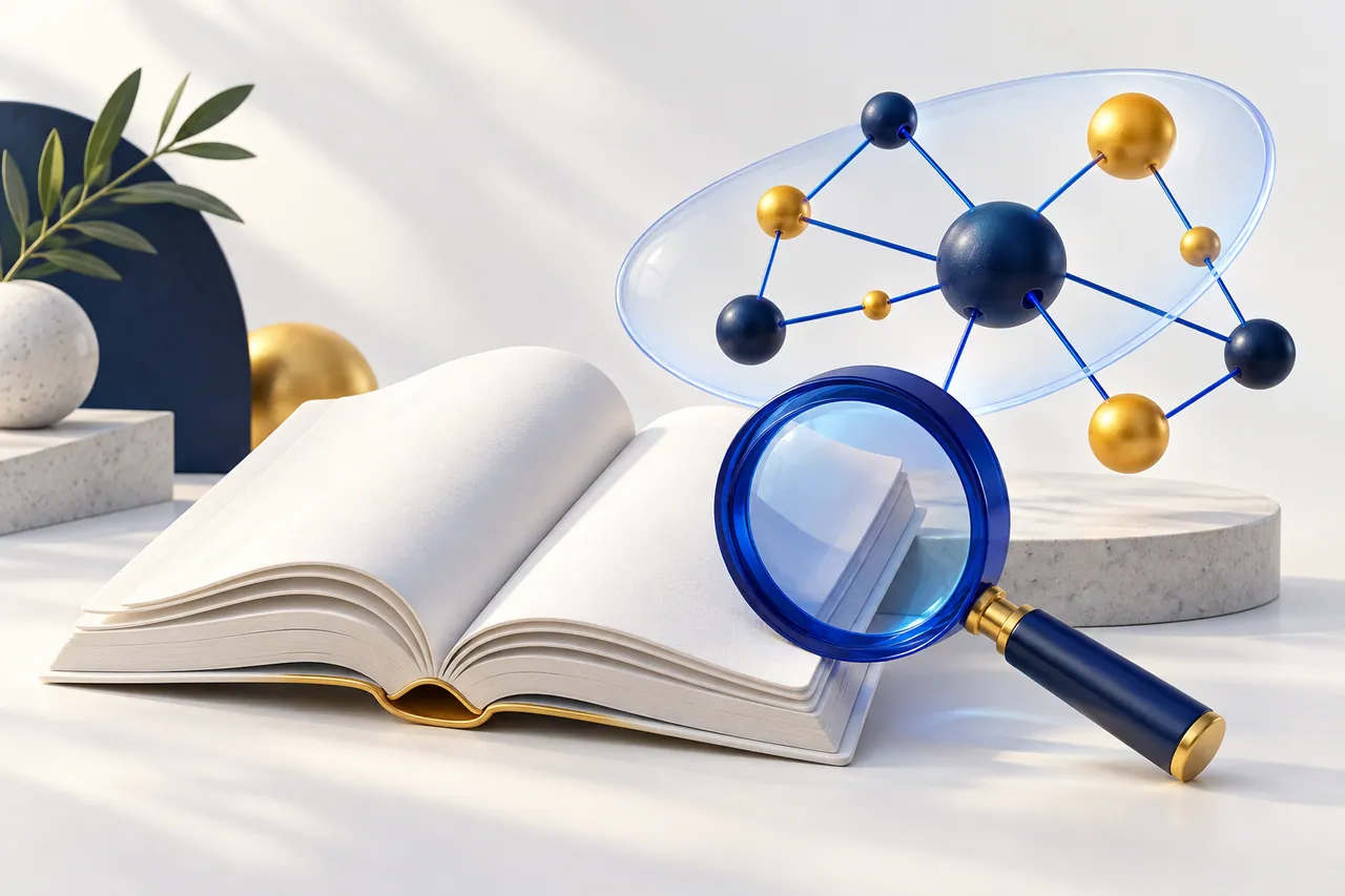 A search lens, open book and connected nodes illustrate AI search and useful information.
