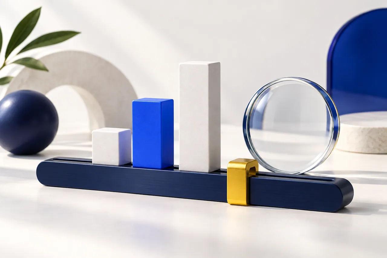 Blue measuring objects and a glass lens illustrate reviewing marketing performance.