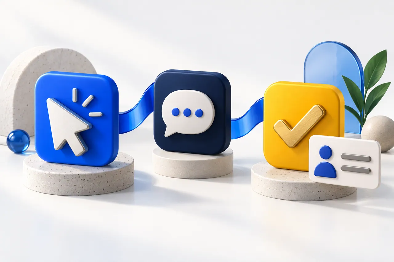 A cursor, message bubble and golden check illustrate a clear enquiry journey.