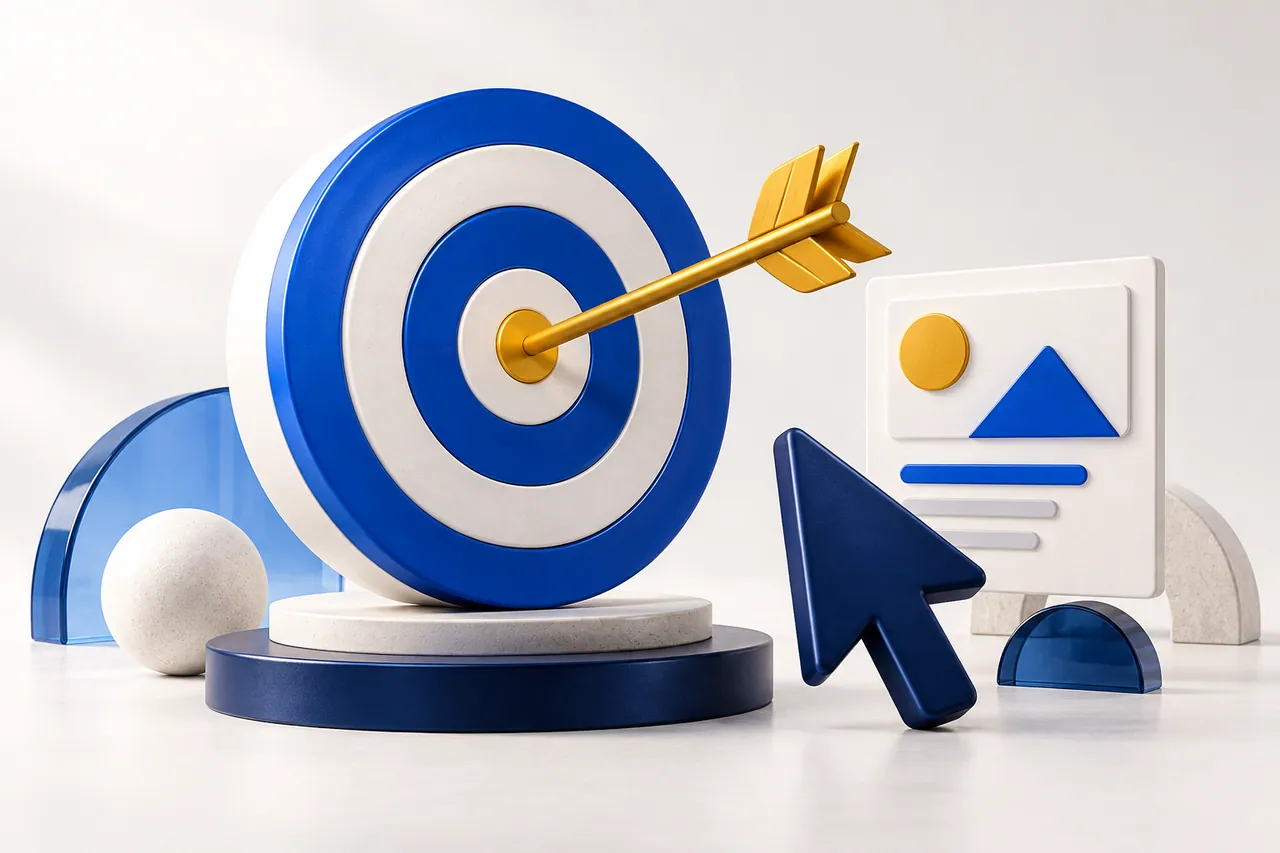 A golden arrow, blue target and cursor illustrate focused paid advertising.