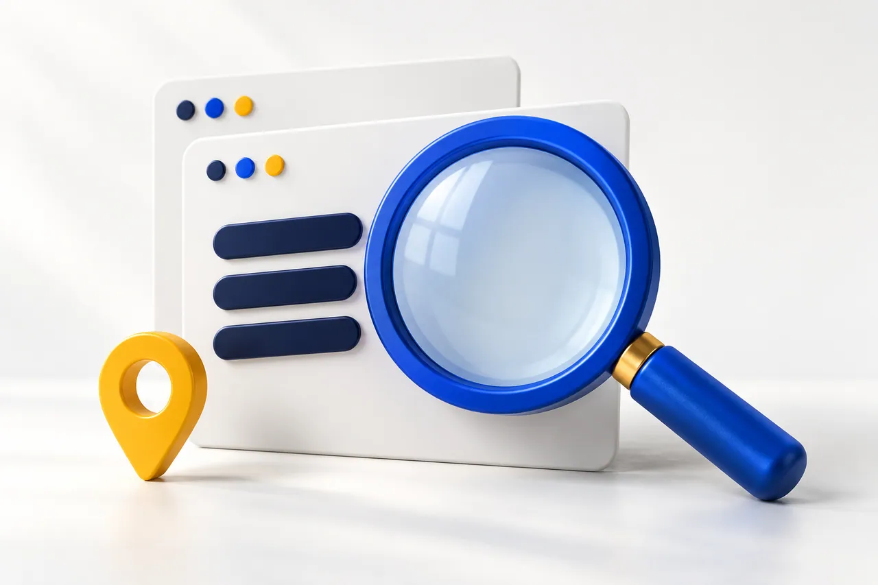 A blue magnifying glass, search panels and a golden pin illustrate search discovery.