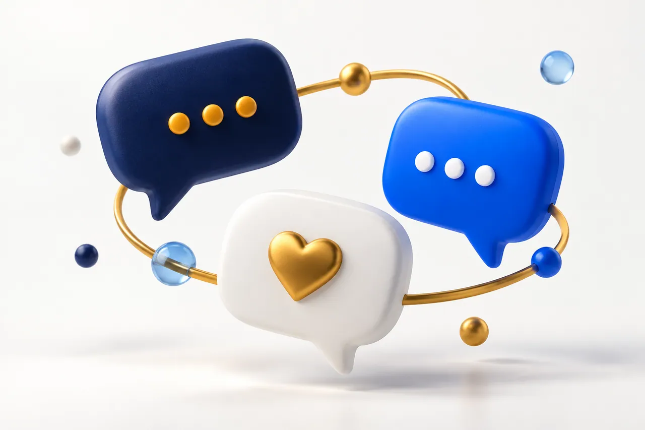 Blue and white conversation bubbles illustrate connected social media audiences.