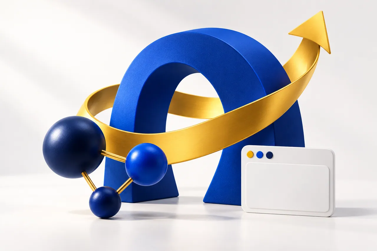 A golden arc connects blue sculptural forms, illustrating a joined-up digital marketing strategy.