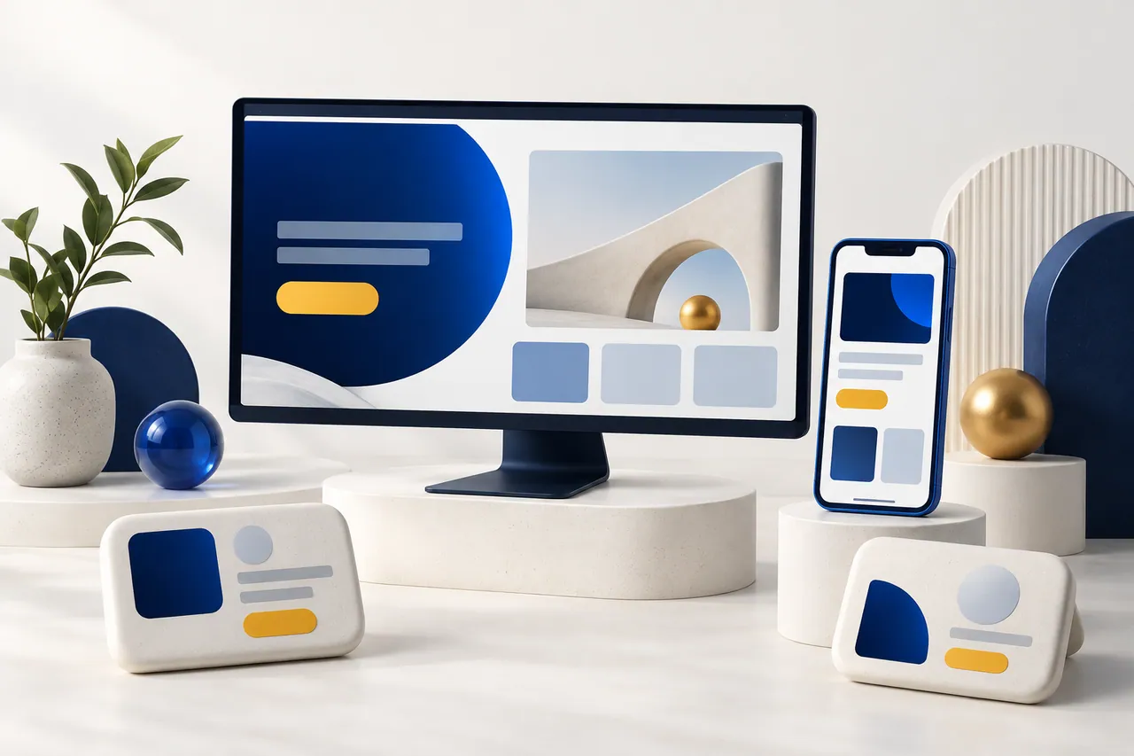 Desktop and mobile layouts illustrate responsive website design.